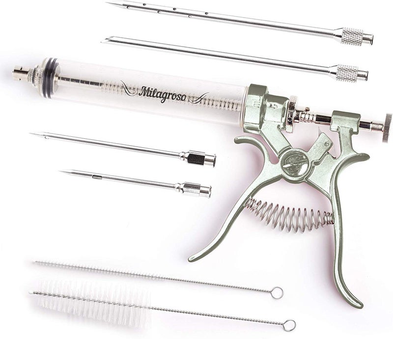 Meat Injector Syringe Stainless Steel Outdoor Meat Kit Marinade Flavor Food Injector Syringes with 4 Marinades Needles Grill Smoker Injectors Professional Syringe Held Culinary Barbecue Tool For BBG