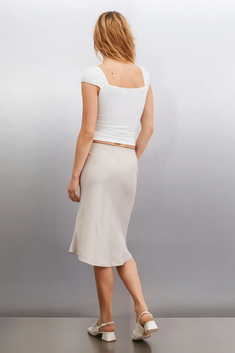 GRIMELANGE Thalıtha Women's Satin Look Fabric Elastic Waist Knitted Gray Skirt