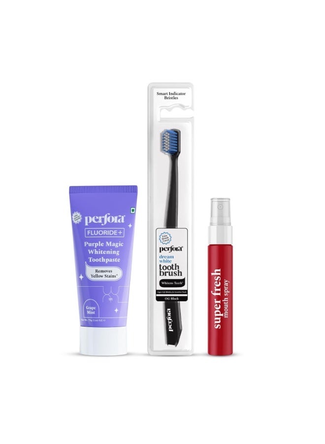 Perfora Teeth Whitening Combo | Enamel-Safe & Sensitivity-Free Oral Care | No Artificial Sweeteners | Purple Toothpaste-75gm, Mouth Spray, Manual Toothbrush-Black - Image 1