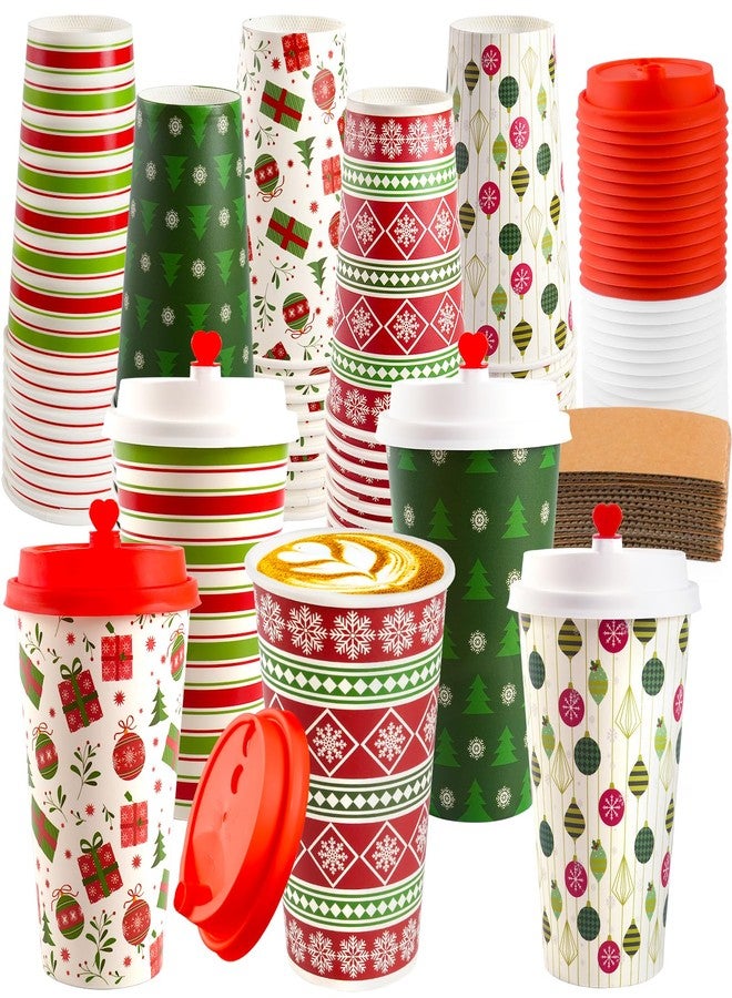 CUPLOOV 50 Pcs Christmas Hot Coffee Cups with Lids, 16 Oz Christmas Disposable Paper Cups with Lids and Sleeves, Xmas Paper Cup for Hot Cold Drinks Hot Cocoa Drinking Xmas Holiday Winter Party Supplies - Image 1