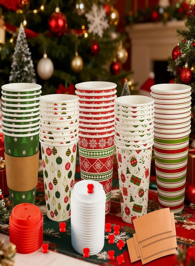 CUPLOOV 50 Pcs Christmas Hot Coffee Cups with Lids, 16 Oz Christmas Disposable Paper Cups with Lids and Sleeves, Xmas Paper Cup for Hot Cold Drinks Hot Cocoa Drinking Xmas Holiday Winter Party Supplies - Image 5