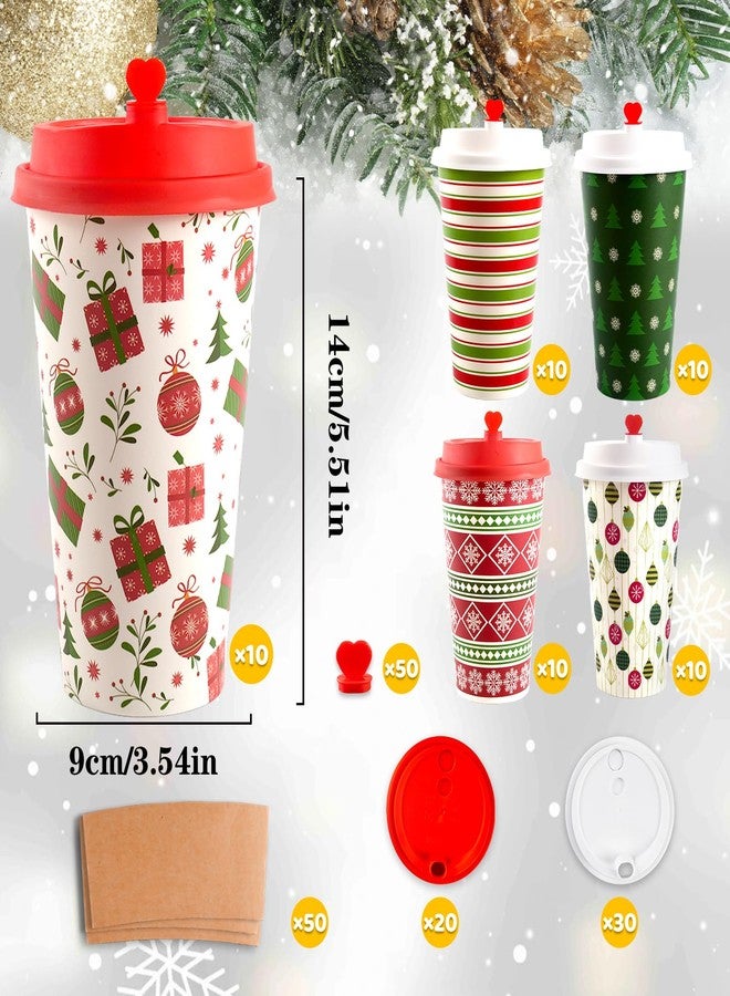 CUPLOOV 50 Pcs Christmas Hot Coffee Cups with Lids, 16 Oz Christmas Disposable Paper Cups with Lids and Sleeves, Xmas Paper Cup for Hot Cold Drinks Hot Cocoa Drinking Xmas Holiday Winter Party Supplies - Image 2