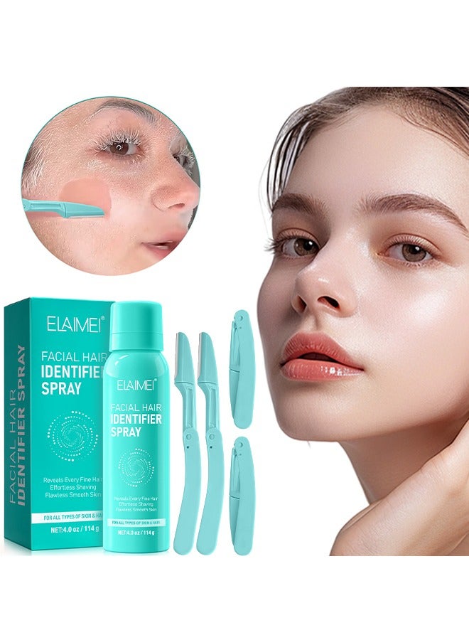 Elaimei Facial Hair Identifier Spray，Hair Identifier Spray for Face Shaving, Women Hair Identifier Spray with 4 Pcs Green Face Razors, Gentle and Effective Facial Hair Identifier Spray for Dermaplaning, Suit to All Skin Types  114g - Image 1