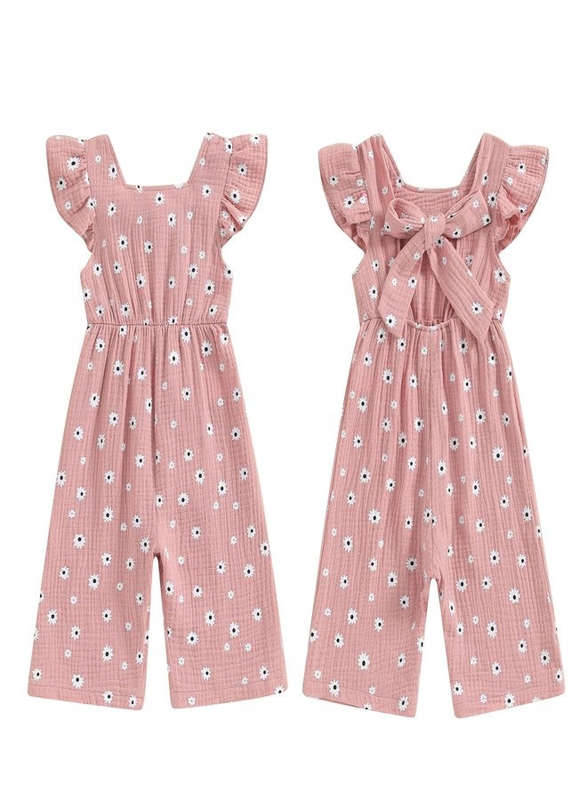 GOOCHEER Toddler Baby Girls Outfit Flower Print Jumpsuit Sleeveless Bowknot Romper Overall Pants Summer Clothes (Pink, 18-24 Months) - Image 1