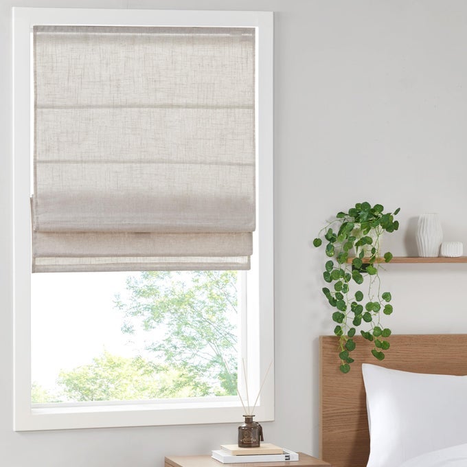 KYLER CORDLESS ROMAN SHADES SINGLE PANEL LIGHTWEIGHT LINEN BLEND FABRIC NATURAL DESIGN EASY INSTALLATION LIGHT FILTERING WINDOW BLIND BEDROOM LIVING ROOM DECOR 27W X 64L NATURAL
