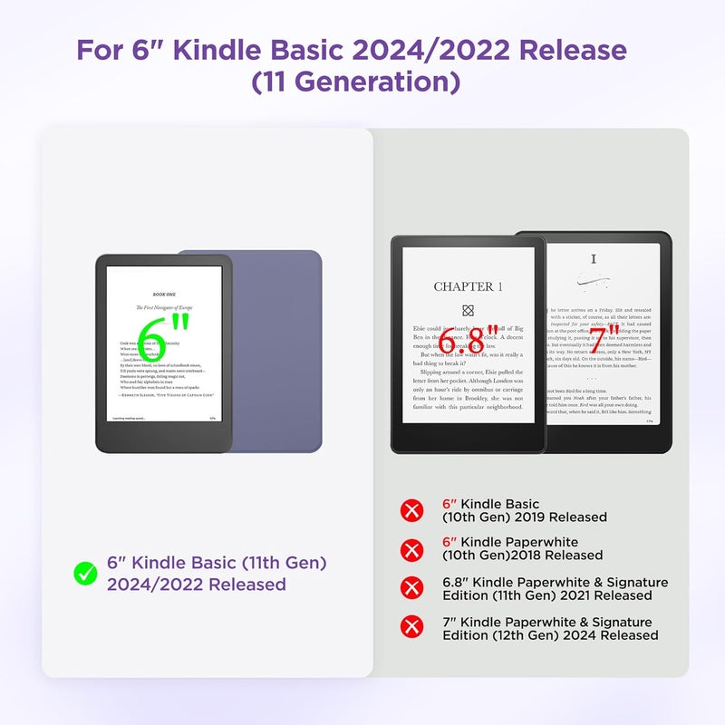 حافظة مغناطيسية قابلة للفك من لجهاز Kindle مقاس 6 بوصة، الطرازات 2024 و2022 (الجيل الحادي عشر)، غلاف خارجي رقيق من البولي يوريثان (PU) مع وظيفة تشغيل/إيقاف التلقائي، لون بنفسجي لافندر - Image 2
