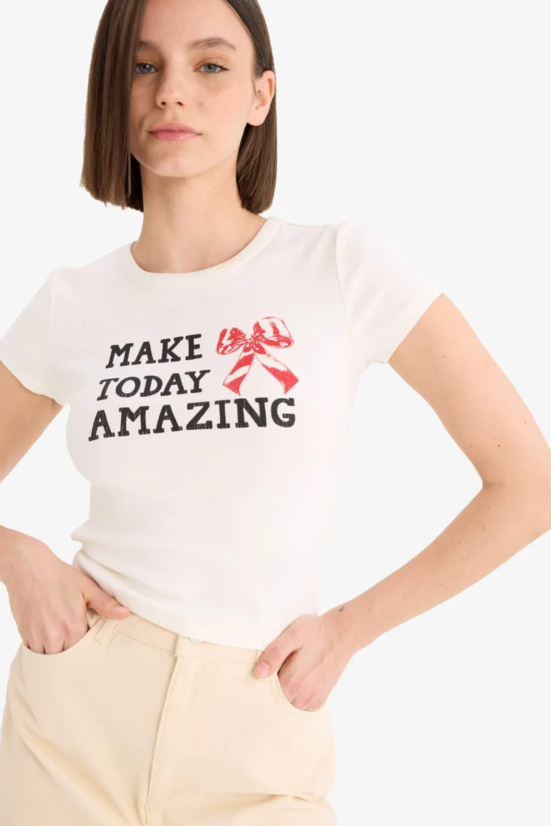 Defacto Fitted Crew Neck Printed Ribbon T-Shirt