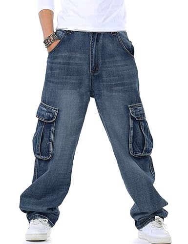 Yeokou Men's Casual Loose Hip Hop Denim Work Pants Jeans with Cargo Pockets(LightBlue-40) - Image 2