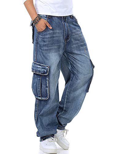 Yeokou Men's Casual Loose Hip Hop Denim Work Pants Jeans with Cargo Pockets(LightBlue-40) - Image 1