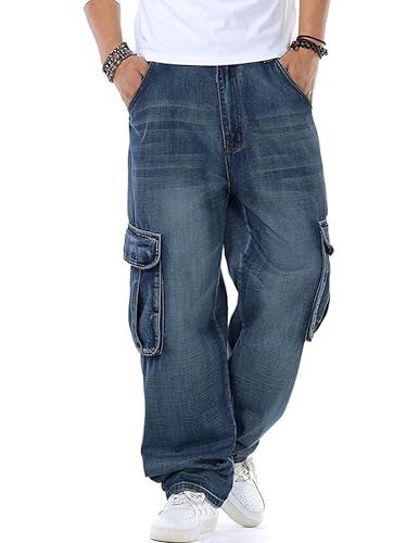 Yeokou Men's Casual Loose Hip Hop Denim Work Pants Jeans with Cargo Pockets(LightBlue-40) - Image 3
