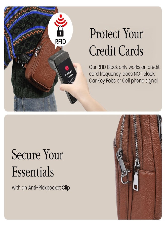 بيفن حقيبة كتف صغيرة من الجلد الطبيعي للنساء من بيفن، مضادة للسرقة، حقيبة صدر كروسبودي، حقيبة خصر للسفر مزودة بفتحات لبطاقات RFID، لون بني كونياك، صغيرة، حقيبة كروسبودي - Image 3