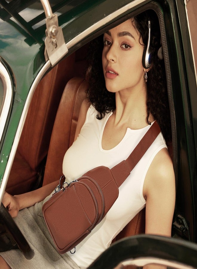 بيفن حقيبة كتف صغيرة من الجلد الطبيعي للنساء من بيفن، مضادة للسرقة، حقيبة صدر كروسبودي، حقيبة خصر للسفر مزودة بفتحات لبطاقات RFID، لون بني كونياك، صغيرة، حقيبة كروسبودي - Image 2