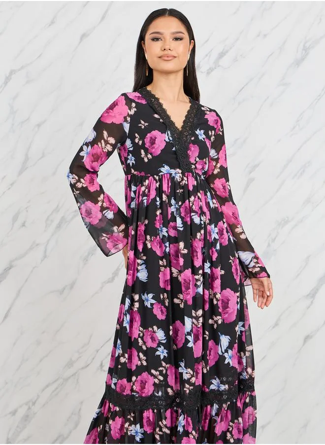 ستايلي Lace Trim V Neck Floral Print Maxi Dress