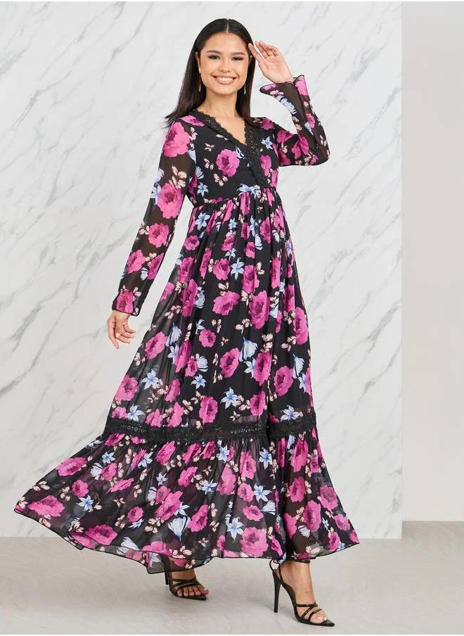 ستايلي Lace Trim V Neck Floral Print Maxi Dress