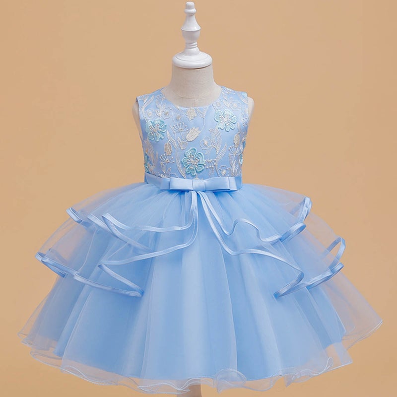 New Embroidered Girls Puffy Mesh Princess Dress Birthday Dinner Show Dress Factory Wholesale sky blue