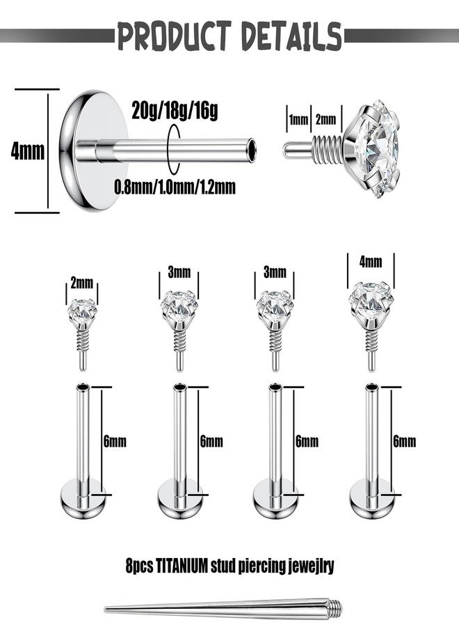 PunkTracker 20G 18G 16G Titanium Flat Back Internal Thread CZ Stud Piercing Jewelry for Tragus Nose Helix Hypoallergenic Nose Rings Studs Lip Monroe Labret Medusa Cartilage Earrings 8PCS - Image 2