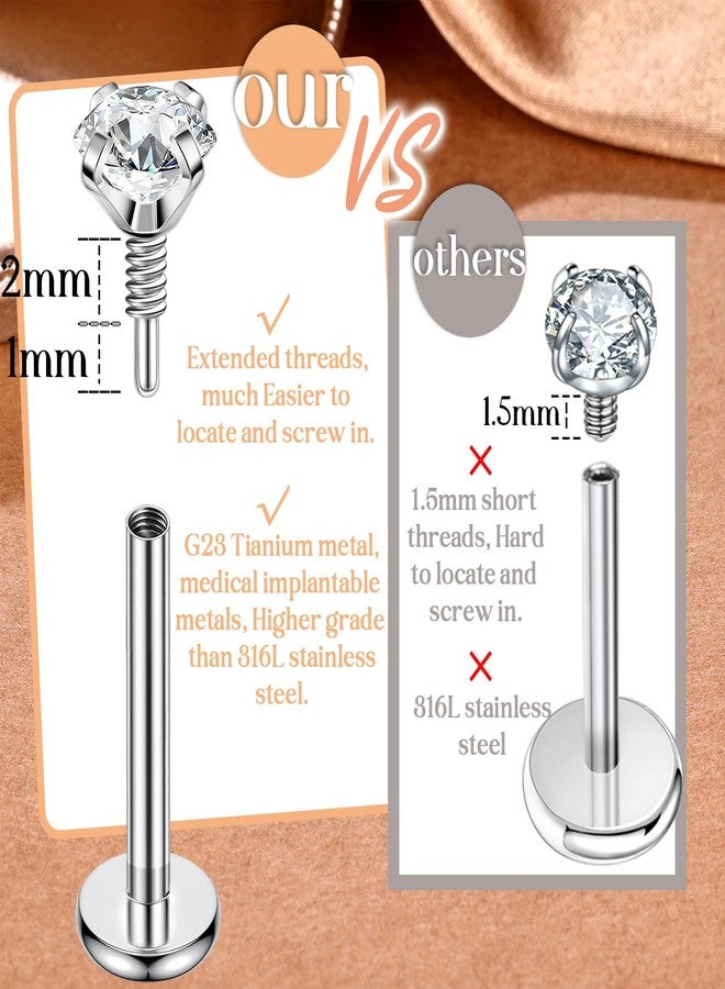 PunkTracker 20G 18G 16G Titanium Flat Back Internal Thread CZ Stud Piercing Jewelry for Tragus Nose Helix Hypoallergenic Nose Rings Studs Lip Monroe Labret Medusa Cartilage Earrings 8PCS - Image 3