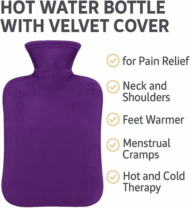 FITTO Hot Water Bottle with Velvet Cover, for Pain Relief, Neck and Shoulders, Feet Warmer, Menstrual Cramps, Hot and Cold Therapy, Assorted Colors - Image 1
