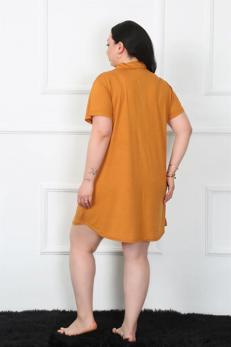 Akbeniz Large Size Combed Cotton Buttoned Mustard Tunic Nightgown 1025