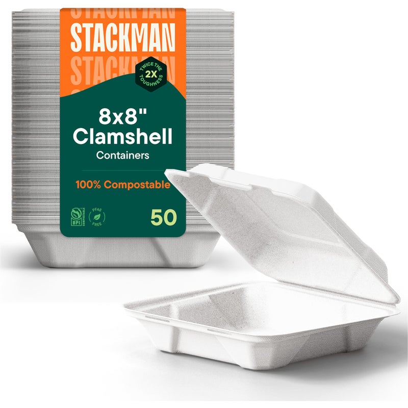 Stack Man 100% Compostable Clamshell Take Out Food Containers [8X8" 50-Pack] Heavy-Duty Quality to go Containers, Natural Disposable Bagasse, Eco-Friendly Biodegradable Made of Sugar Cane Fibers - Image 1