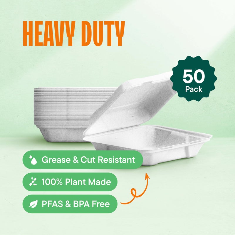 Stack Man 100% Compostable Clamshell Take Out Food Containers [8X8" 50-Pack] Heavy-Duty Quality to go Containers, Natural Disposable Bagasse, Eco-Friendly Biodegradable Made of Sugar Cane Fibers - Image 2