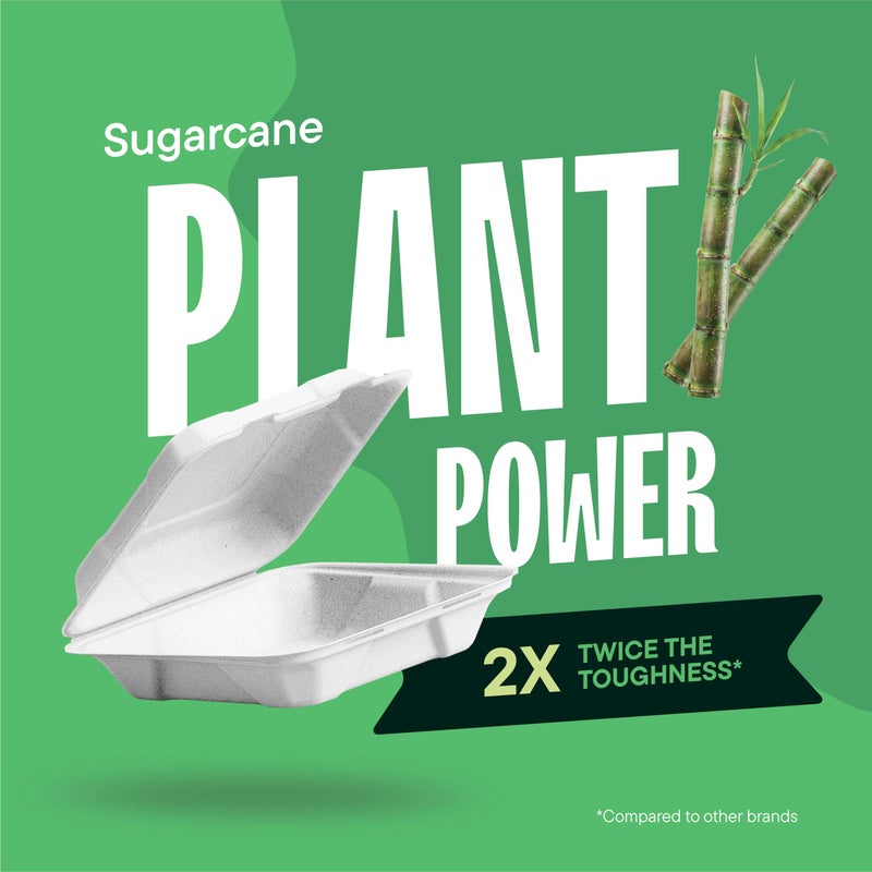 Stack Man 100% Compostable Clamshell Take Out Food Containers [8X8" 50-Pack] Heavy-Duty Quality to go Containers, Natural Disposable Bagasse, Eco-Friendly Biodegradable Made of Sugar Cane Fibers - Image 4