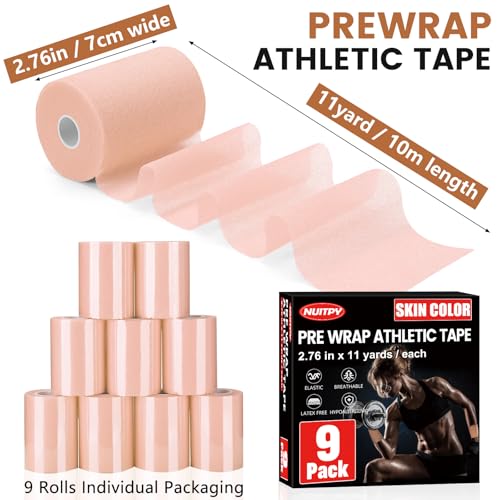 NUITPY 9 Pack Pre Wrap Athletic Tape, 2.76 Inch x 11 Yards Prewrap Tape for Hair Soccer, Pre Wrap Foam Underwrap Tape, Soccer Pre Wrap Tape, Prewrap Tape for Hair, Wrists, Hands, Ankles, Knees - Skin Color - Image 2