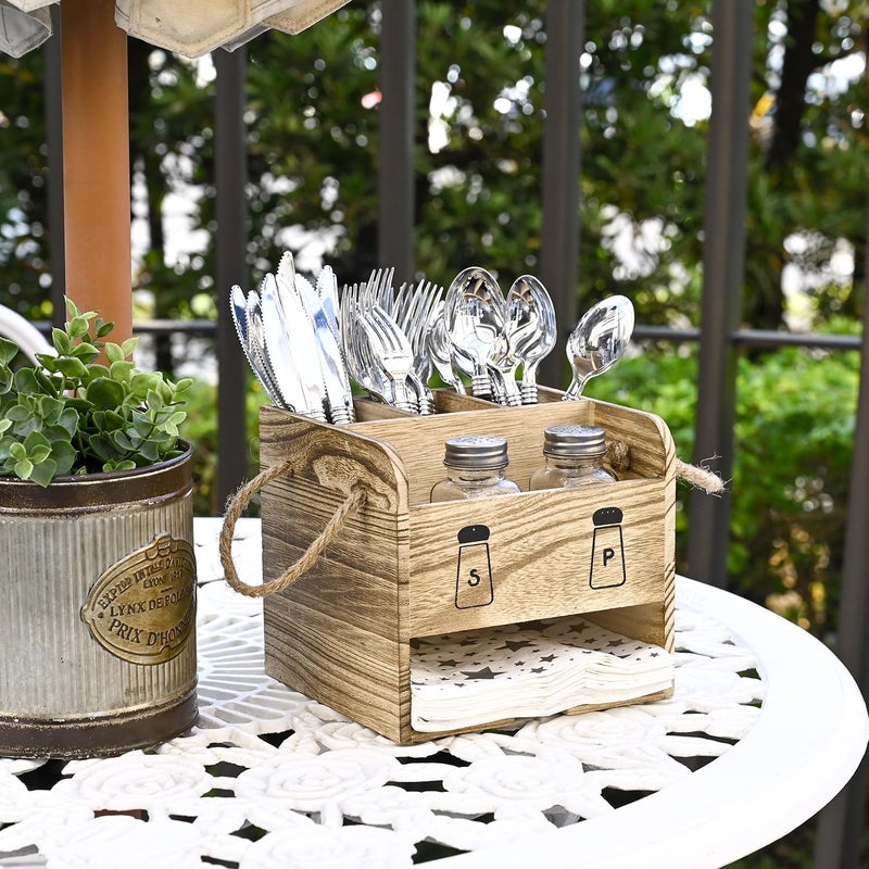 Ikee Design Wooden Utensil Caddy with Handles  Includes Free Salt Pepper Shaker Silverware Caddy for Countertop  Party Camping and Kitchen Spoon and Fork Holder Picnic Cutlery Holders  Oak Color - Image 5
