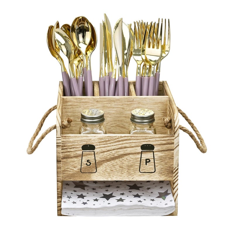 Ikee Design Wooden Utensil Caddy with Handles  Includes Free Salt Pepper Shaker Silverware Caddy for Countertop  Party Camping and Kitchen Spoon and Fork Holder Picnic Cutlery Holders  Oak Color - Image 3