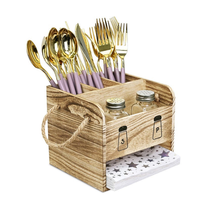 Ikee Design Wooden Utensil Caddy with Handles  Includes Free Salt Pepper Shaker Silverware Caddy for Countertop  Party Camping and Kitchen Spoon and Fork Holder Picnic Cutlery Holders  Oak Color - Image 1