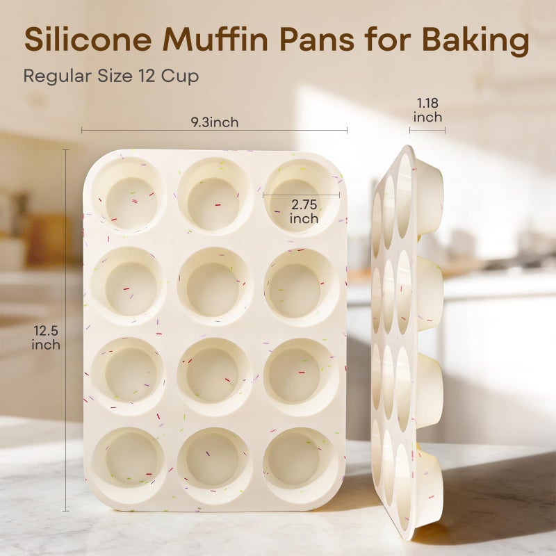 Ruinovate Silicone Muffin Pans for Baking Nonstick 2 Pcs, 12 Cup Regular Cupcake Pan, Food-Grade Silicone Baking Molds for Cupcakes, Egg Bites, Freezer, White - Image 2