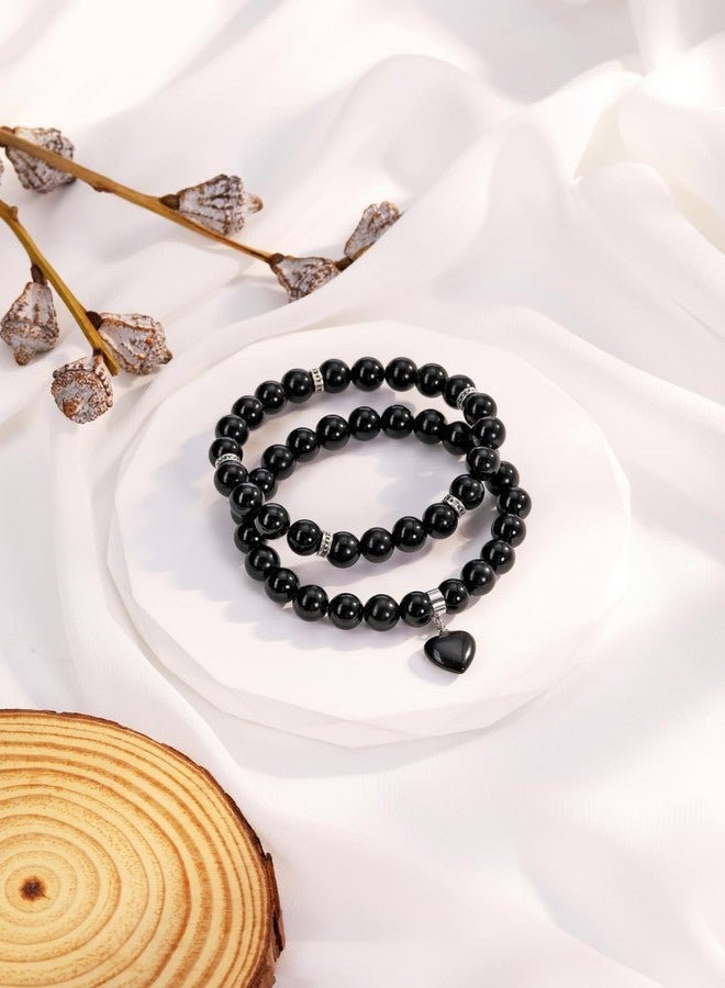 Jovivi Black Obsidian Heart Bracelets for Women 8mm Natural Healing Crystal Stone Beaded Bracelets Anxiety Stress Relief Yoga Beads Bracelet - Image 3