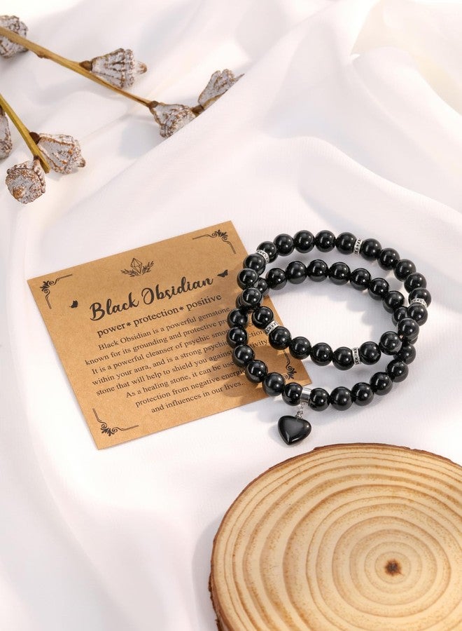 Jovivi Black Obsidian Heart Bracelets for Women 8mm Natural Healing Crystal Stone Beaded Bracelets Anxiety Stress Relief Yoga Beads Bracelet - Image 2
