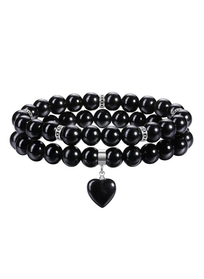 Jovivi Black Obsidian Heart Bracelets for Women 8mm Natural Healing Crystal Stone Beaded Bracelets Anxiety Stress Relief Yoga Beads Bracelet - Image 1