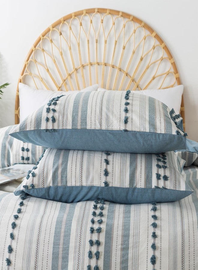 La Sheer Washed Cotton Queen Size Duvet Cover Set - Tufted Dots Boho Chic Bedding for All Seasons, Striped Pom Pom Bedding Linen Like Textured Breathable Durable Soft Comfy (Blue, 90x90'') - Image 5