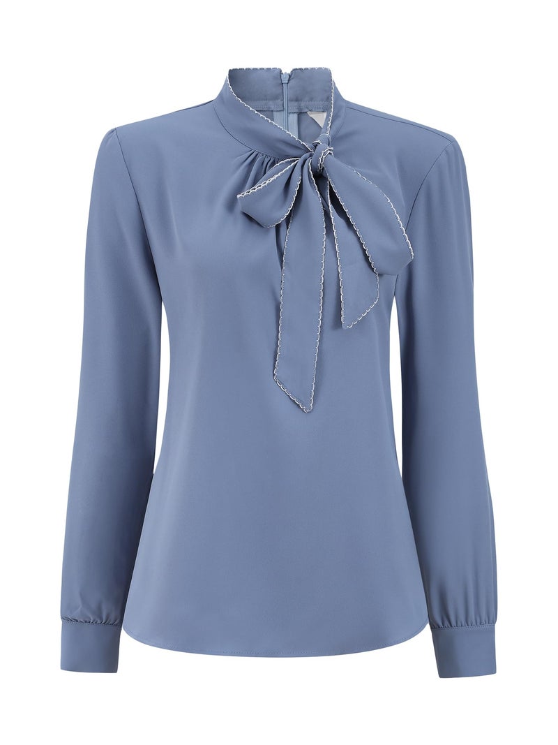 Hobemty Womens Work Blouse Bowtie Long Sleeve Office Bow Tie Shirt Small Dusty Blue