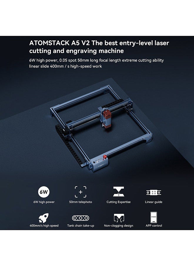 ATOMSTACK - Maker A5 V2 Laser Engraver High Speed Engraving Cutting Machine Fixed-Focus Ultra-thin 6W Laser with 400x400mm Engraving Area Eye Filter Protective Cover Quick Assembly Support APP Control - Image 1