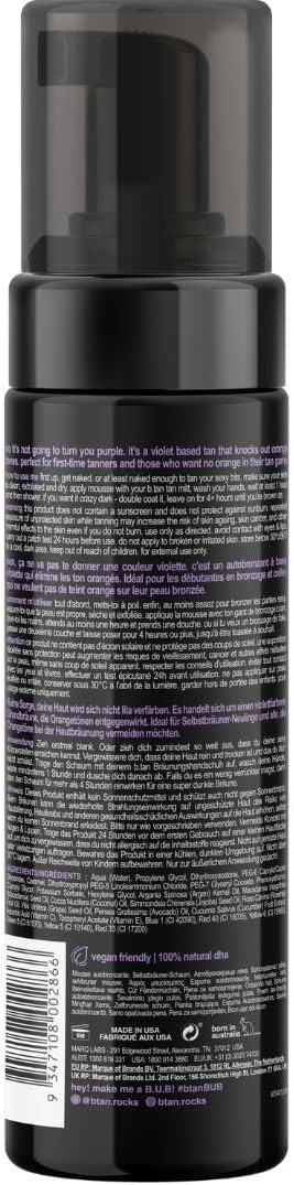 b tan موس تان ذاتي بنفسجي btan حب من النظرة الأولى تان داكن 1 ساعة برونزنج فوم فوري بدون رائحة تان مزيف أفضل تان غير مشمس للوجه والجسم توهج أسترالي بدون درجات برتقالية 200 مل - Image 2