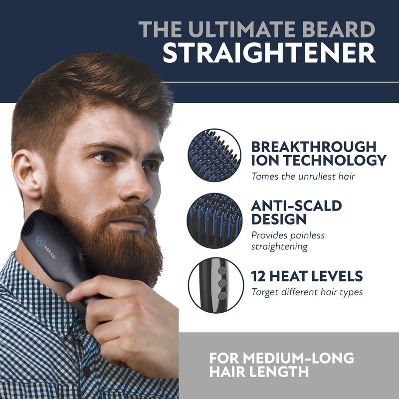 Arkam Beard Straightener for Men -Premium Heated Beard Brush Kit w/Anti-Scald Feature, Dual Action Hair Comb and Hard Shell Travel Case for Medium to Long Beards - Costume and Grooming Gifts for Men - Image 2