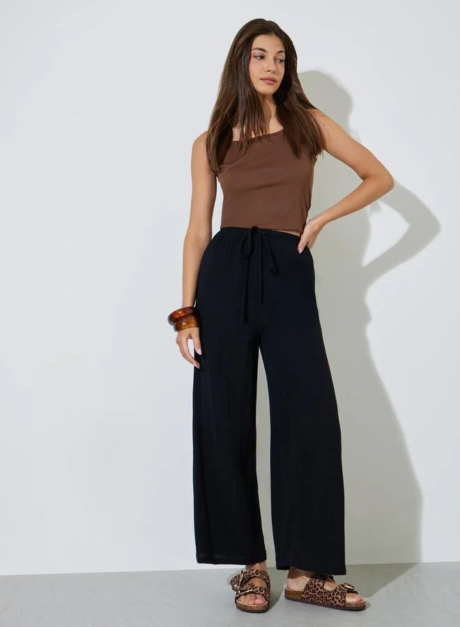 ستايلي Black Cotton Wide Leg Pants with Drawcord