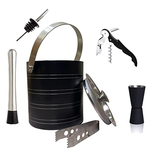 HAINE Bar Ware 6 Pieces Bar Set of Double Wall Ice Bucket, Ice Tong, Measuring Jigger, Muddler Stick, Whiskey Pourer, Wine Opener, Stainless Steel - Image 1