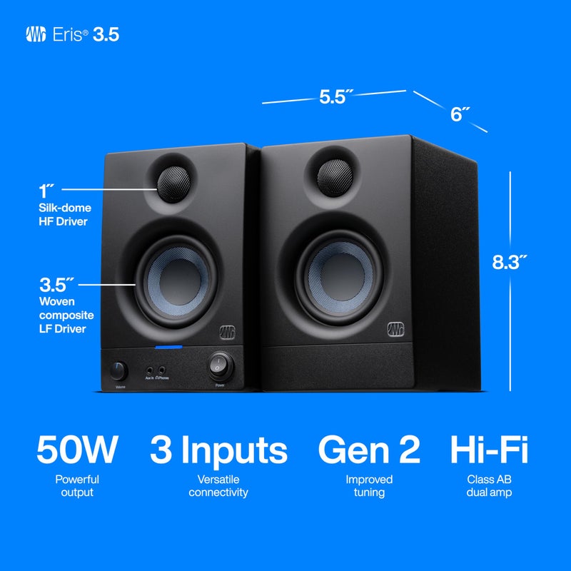 PreSonus Eris 3.5 Studio Monitors, Pair â€” Powered, Active Monitor Speakers for Near Field Music Production, Desktop Computer, Hi-Fi Audio - Image 5