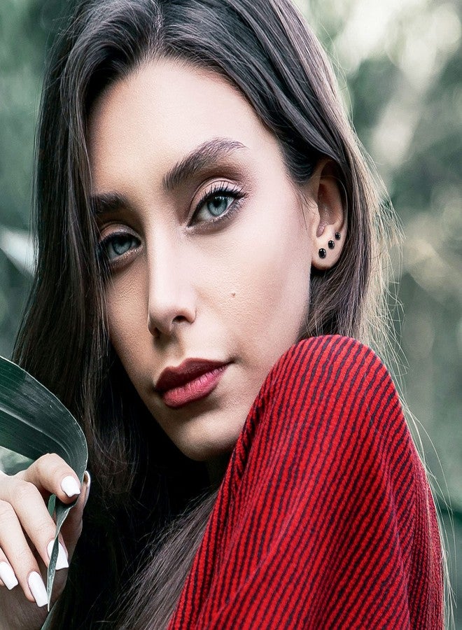 أقراط MJust المضادة للحساسية ذات ظهر مسطح للنساء والرجال، 7 أزواج من الأقراط المرصعة المصنوعة من الفولاذ المقاوم للصدأ ذات الظهر المسطح، طقم أقراط غضروفية ذات ظهر لولبي مرصعة بالزركون المكعب للأذنين الحساسة (أسود) - Image 2