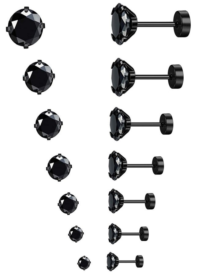 أقراط MJust المضادة للحساسية ذات ظهر مسطح للنساء والرجال، 7 أزواج من الأقراط المرصعة المصنوعة من الفولاذ المقاوم للصدأ ذات الظهر المسطح، طقم أقراط غضروفية ذات ظهر لولبي مرصعة بالزركون المكعب للأذنين الحساسة (أسود) - Image 1