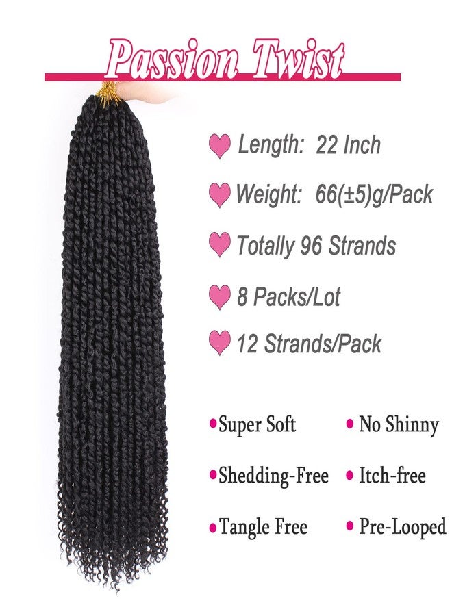 Leeven 22 Inch 8 packs Pre-twisted Passion Twist Crochet Hair 12 Roots/pack Pre-looped Crochet Braids Hair for Passion Twist Braiding Hair Natural Black Twists Hair - Image 2