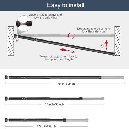 DIIG Sliding Door Security Bar，17.7-50.5inch Adjustable Locking Window Safety Bar with Rubber Tips,Diameter 1inch Window Security Bar for Home Apartment Travel (Black) - Image 4
