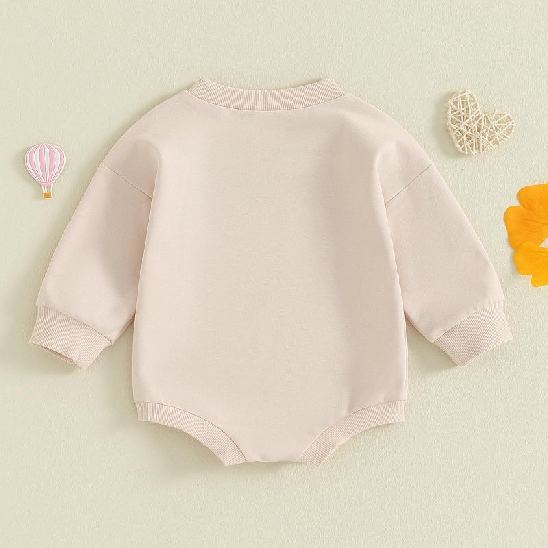 LAGKIYOJ Baby Girl Valentines Day Outfit Heart Embroidery Bubble Romper Long Sleeve Crewneck Sweatshirt Infant Spring Clothes (Apricot Heart, 6-12 Months) - Image 4