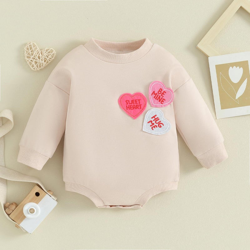 LAGKIYOJ Baby Girl Valentines Day Outfit Heart Embroidery Bubble Romper Long Sleeve Crewneck Sweatshirt Infant Spring Clothes (Apricot Heart, 6-12 Months) - Image 2