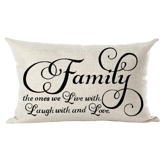BLACK WORD ART QUOTE FAMILY THE ONES WE LIVE WITH LAUGH WITH AND LOVE DECORATIVE LUMBAR THROW PILLOW COVER CASE HOME LIVING ROOM BED SOFA CAR COTTON LINEN RECTANGULAR 12 X 20 INCHES