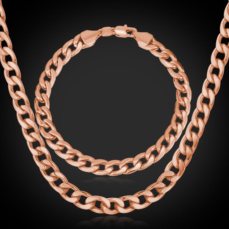 U7 Unisex 7MM Wide Calssic Cuban Chain Rose Gold Plated Curb Chain Necklace & Link Bracelet Set,22"/8.3" - Image 5